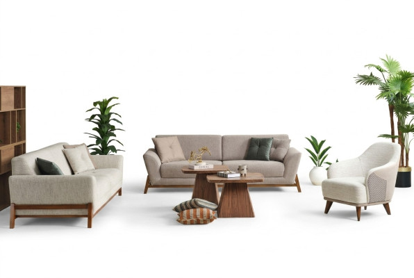 Group couch three-seater armchair sofa fabric beige fabric sofa set 3-piece 3+3+1