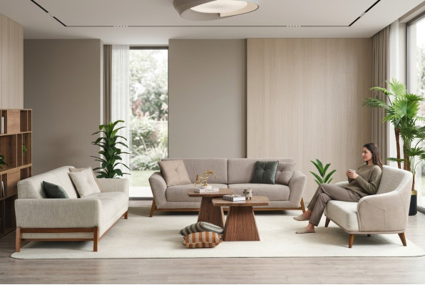 Couch set three-seater armchair sofa fabric beige fabric sofa set 4-piece 3+3+1+1