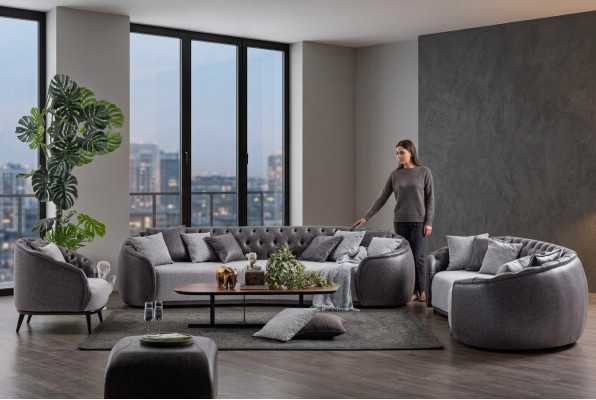 Luxury Villa Furniture Grey Chesterfield Sofa Set Fabric Couches Textile 4+3+1