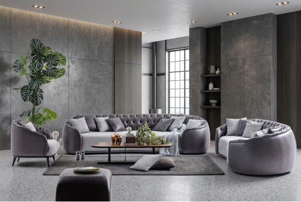 Luxury Villa Furniture Grey Chesterfield Sofa Set Fabric Couches Textile 4+3+1