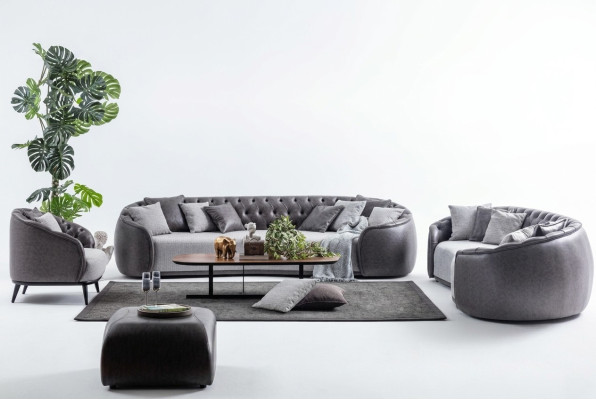 Luxury Villa Furniture Grey Chesterfield Sofa Set Fabric Couches Textile 4+3+1