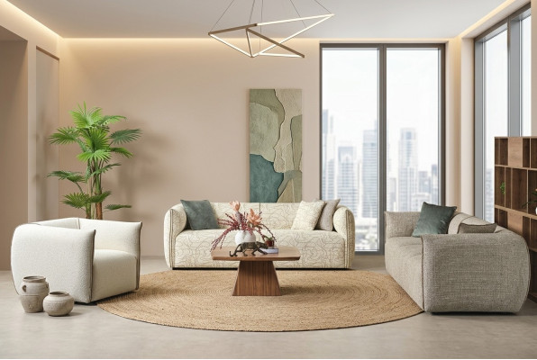 Three-seater sofa set armchair sofa fabric beige fabric sofa four-seater 4+3+1