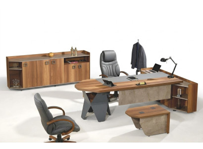 Complete office desk set 4-piece wood brown large chest of drawers
