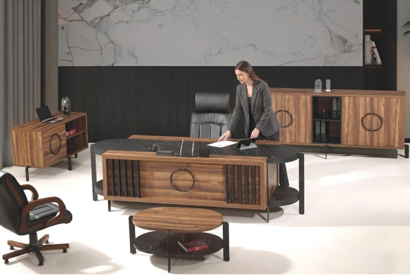 Luxury Complete Office Desk Office Table Set 4-piece Wood Brown Table