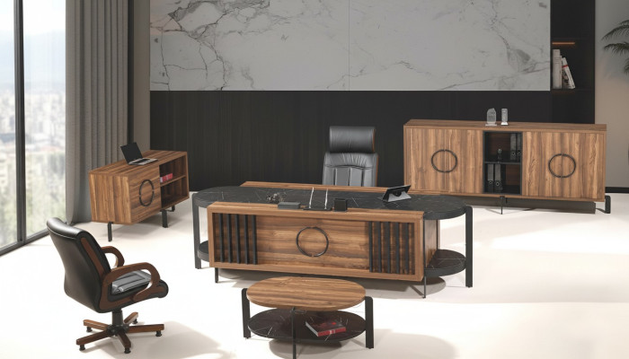 Luxury Complete Office Desk Office Table Set 4-piece Wood Brown Table