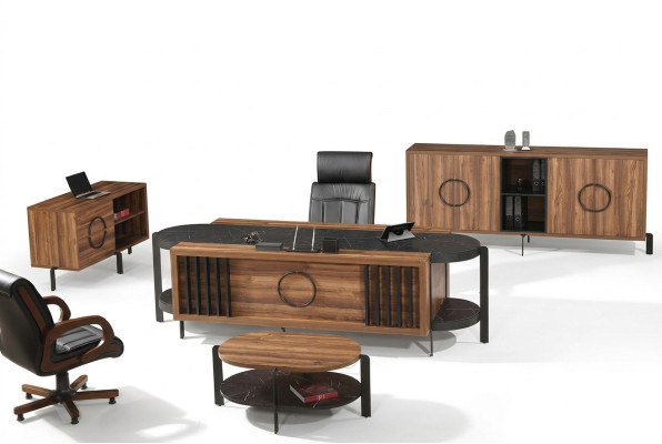 Luxury Complete Office Desk Office Table Set 4-piece Wood Brown Table