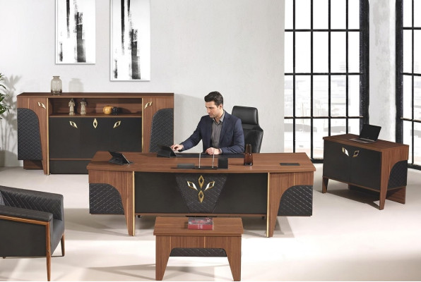 Complete Office Desk Office Table Set 4-Piece Wood Brown Luxury Large