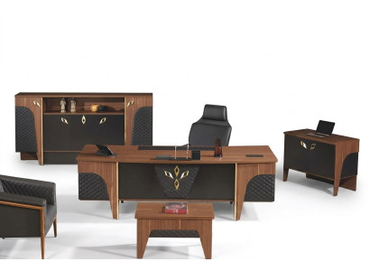 Complete Office Desk Office Table Set 4-Piece Wood Brown Luxury Large