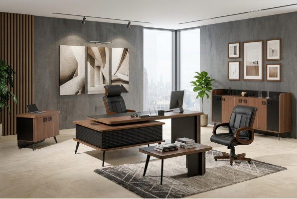 Complete office office furniture desk office office table set 4-piece wood brown