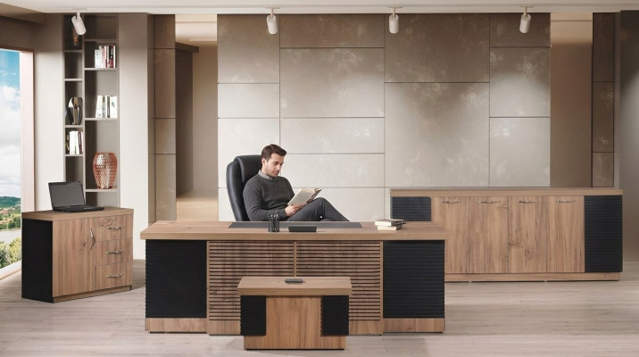 Office furniture study desk office table set 4-piece wood brown