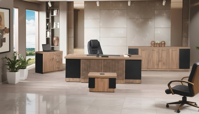 Office furniture study desk office table set 4-piece wood brown