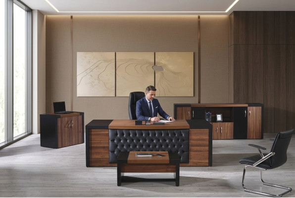 Office furniture study desk office table set 4-piece wood brown