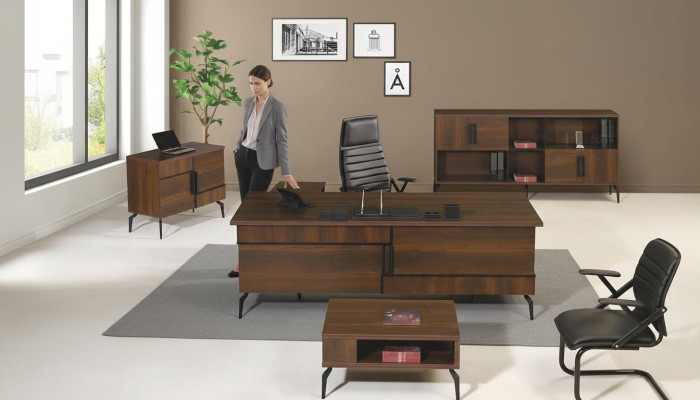 Office furniture study desk office table set 4-piece wood brown