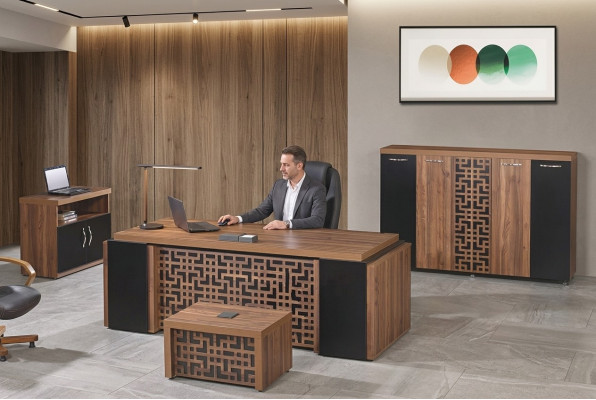 Complete Office Furniture Desk Office Table Set 4-pcs Wood Brown