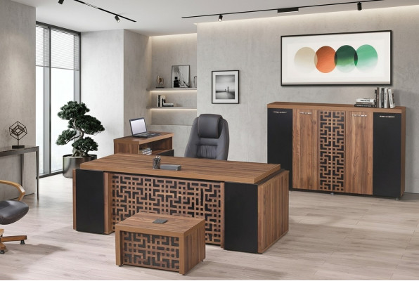 Complete Office Furniture Desk Office Table Set 4-pcs Wood Brown