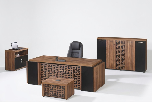 Complete Office Furniture Desk Office Table Set 4-pcs Wood Brown