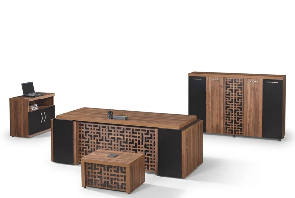 Office furniture study desk office table set 4-piece wood brown