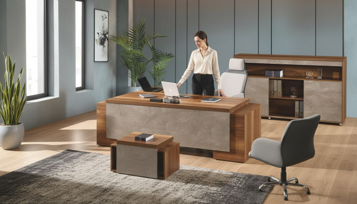 Office furniture corner desk complete office desk set 3-piece wood brown