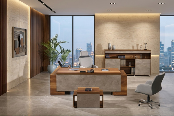 Office furniture corner desk complete office desk set 3-piece wood brown
