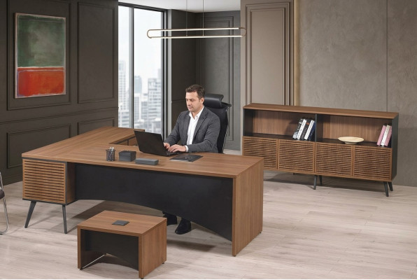 Complete office furniture set corner desk 3-piece wood brown office furniture