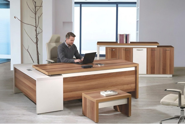 Corner office desk complete office desk set 3-piece wood office furniture brown