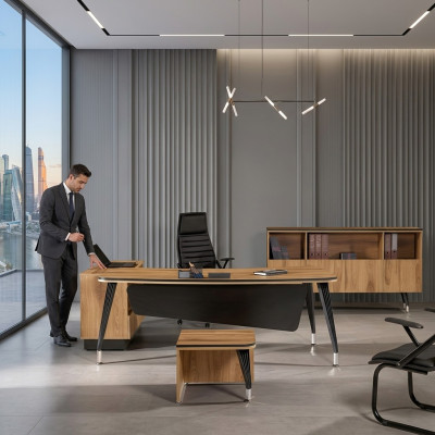 Corner office desk study furniture complete office 3-piece wood brown set