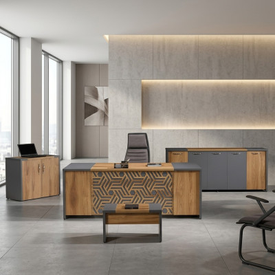 Complete office furniture desk office table set 4-piece wood brown