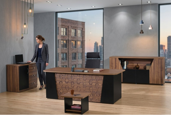 Office Desk Set 4-piece Wood Office Furniture Brown