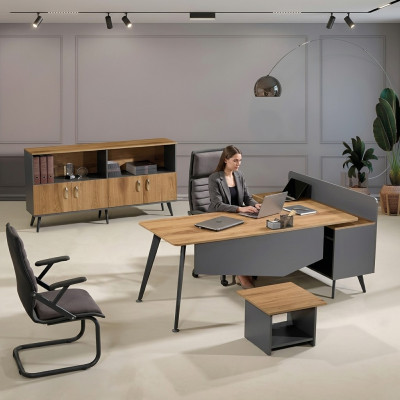 Corner office desk, modern study furniture, brown office 3-piece wood set group
