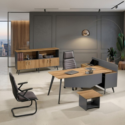 Corner office desk, modern study furniture, brown office 3-piece wood set group