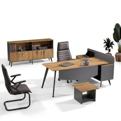 Corner office desk, modern study furniture, brown office 3-piece wood set group