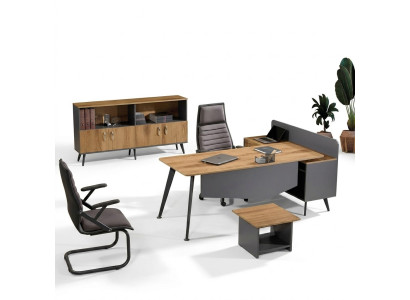 Corner office desk, modern study furniture, brown office 3-piece wood set group
