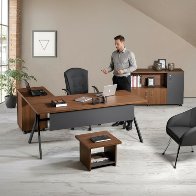 Corner office desk workstation complete office office furniture 3-piece wood set gray