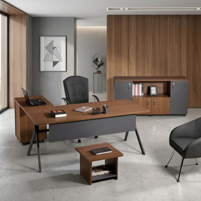 Corner office desk workstation complete office office furniture 3-piece wood set gray