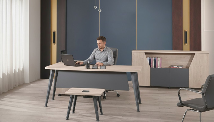 Corner office desk, work desk, complete office furniture 3-piece wood set, gray