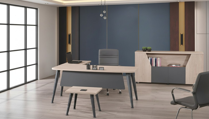Corner office desk, work desk, complete office furniture 3-piece wood set, gray