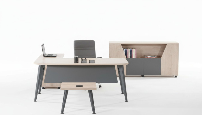 Corner office desk, work desk, complete office furniture 3-piece wood set, gray