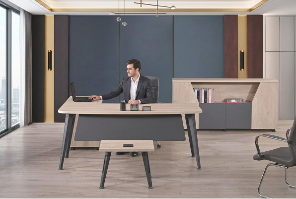 Office furniture corner office desk work table complete office 3-piece wooden set gray