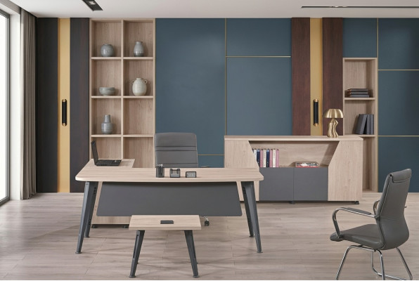 Office furniture corner office desk work table complete office 3-piece wooden set gray