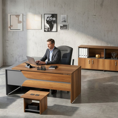 Suite Office Corner Office Desk Study Room Furniture Cabinet 3-piece Wood Brown