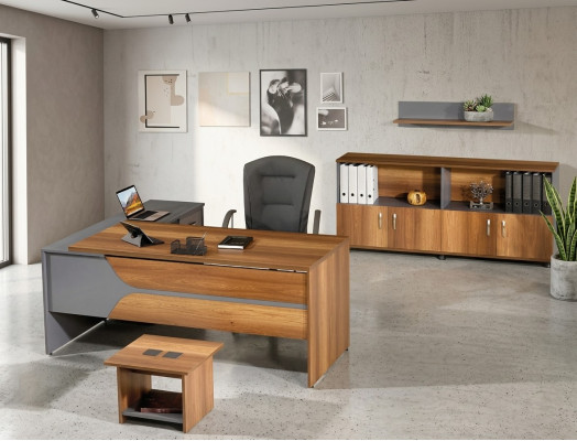Suite Office Corner Office Desk Study Room Furniture Cabinet 3-piece Wood Brown