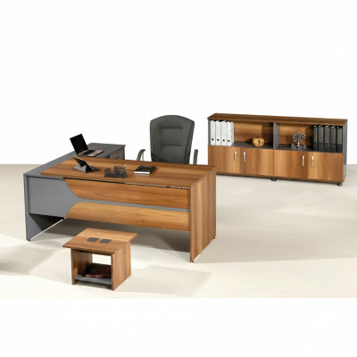 Suite Office Corner Office Desk Study Room Furniture Cabinet 3-piece Wood Brown