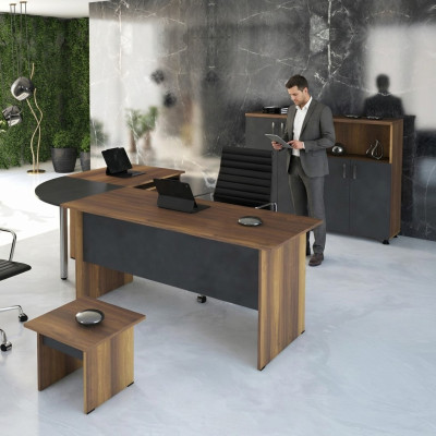Classic Office Furniture Set 3-Piece Corner Office Desk Complete Office Wood Gray Office