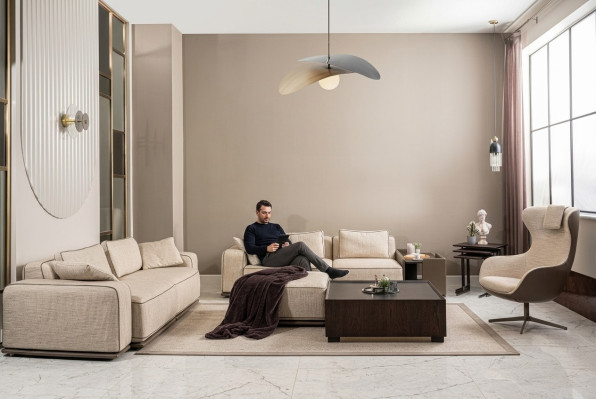 Luxury Sofa Set Three-Seater Sofa Fabric Sofa Beige Upholstered Sofas Armchair