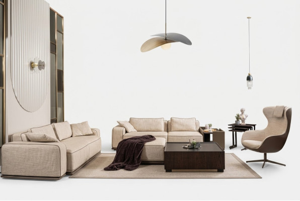 Luxury Sofa Set Three-Seater Sofa Fabric Sofa Beige Upholstered Sofas Armchair