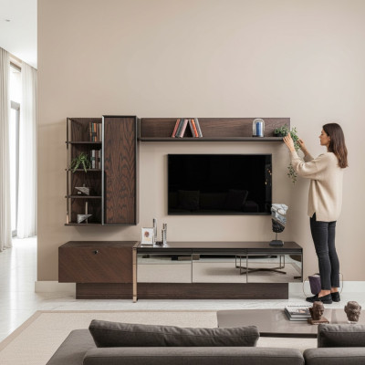 Wall unit TV stand shelves RTV lowboard sideboard brown wood cabinet