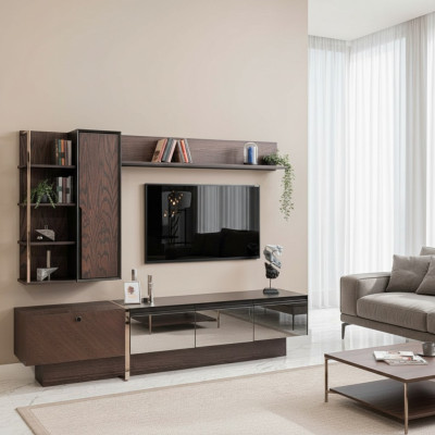 Wall unit TV stand shelves RTV lowboard sideboard brown wood cabinet