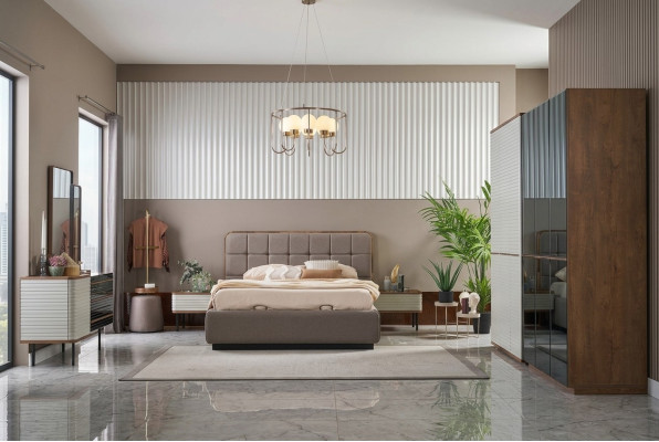 Modern bedroom set 7-piece double bed complete brown wood bed