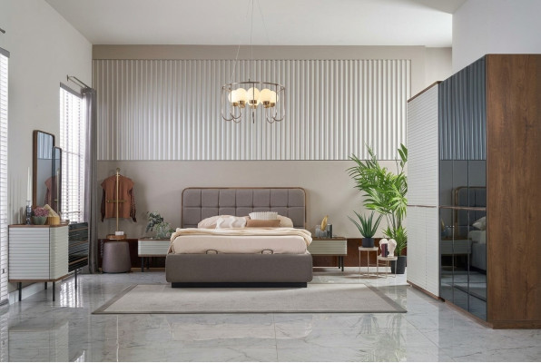 Luxury Double Bed Complete Bedroom Bed Set 7-Piece Brown Bed Frame