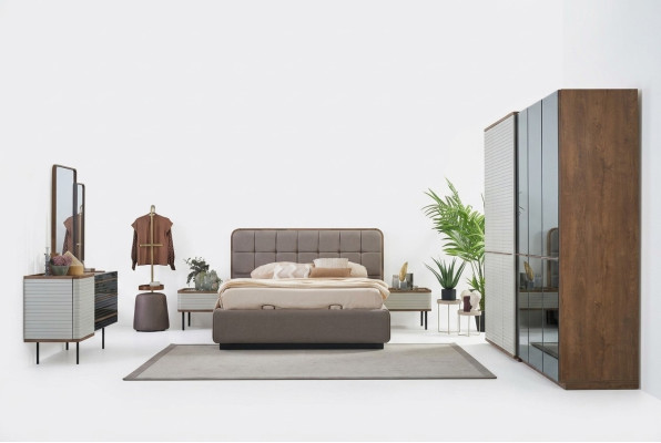 Luxury Double Bed Complete Bedroom Bed Set 7-Piece Brown Bed Frame